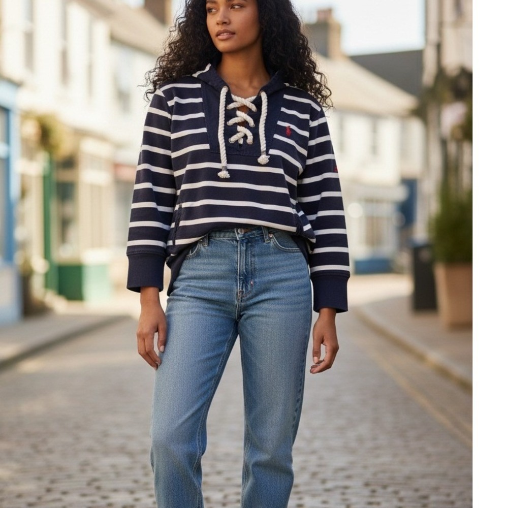 Lauren Jeans Co Ralph Lauren Hoodie L Navy Stripe Lace Up Nautical Anchor Crest